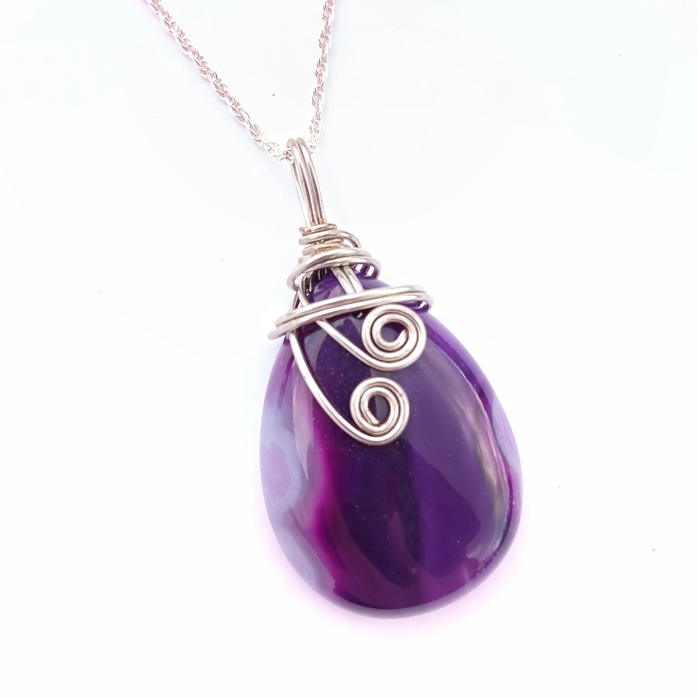 Purple agate wire wrapped teardrop stone  sterling silver necklace new handmade